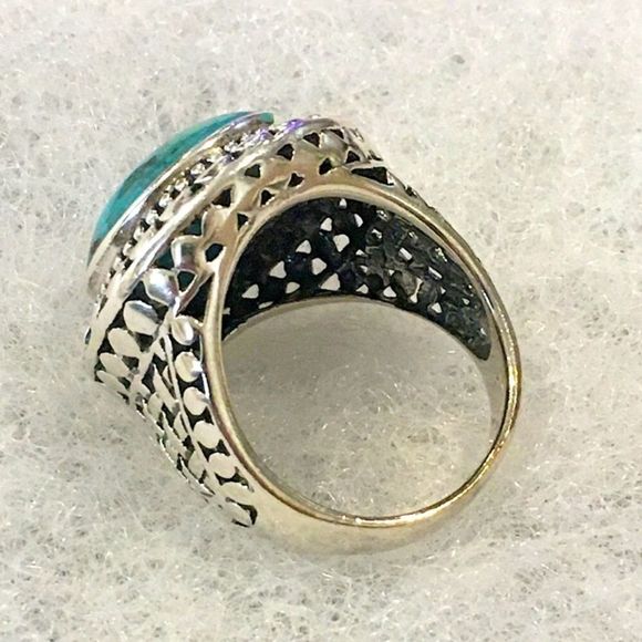 Turquoise Cabochon and Sterling Silver Basket Weave Ring Sz 7 or Sz 8 - Picture 6 of 12